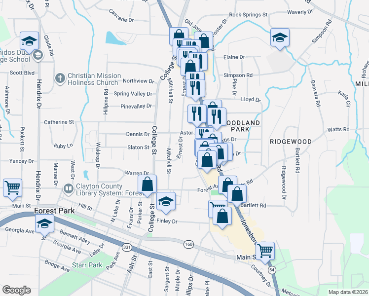 map of restaurants, bars, coffee shops, grocery stores, and more near 4673 Ernest Drive in Forest Park