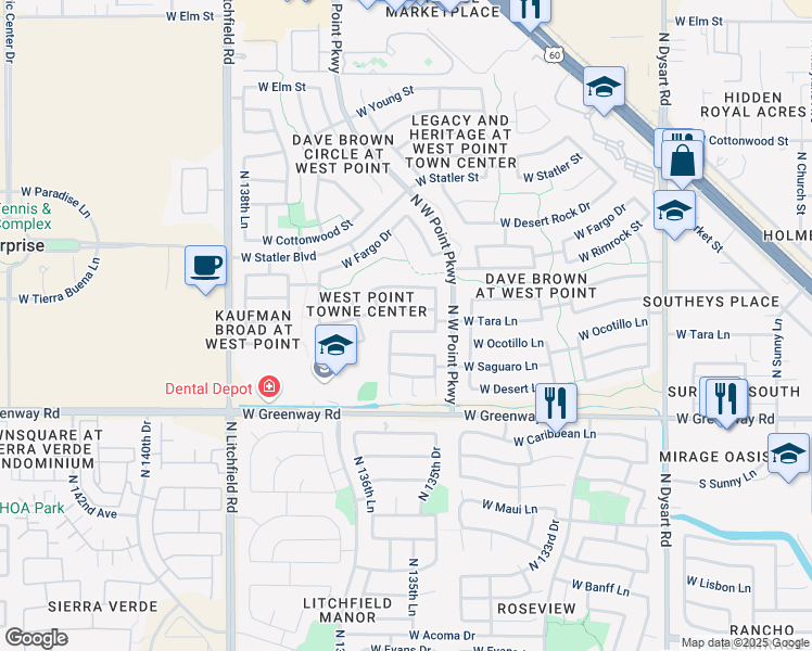 map of restaurants, bars, coffee shops, grocery stores, and more near 13603 West Tara Lane in Surprise