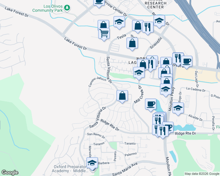 map of restaurants, bars, coffee shops, grocery stores, and more near 22342 Caminito Escobedo in Laguna Hills