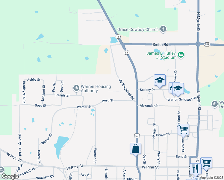 map of restaurants, bars, coffee shops, grocery stores, and more near 604 Carey Street in Warren