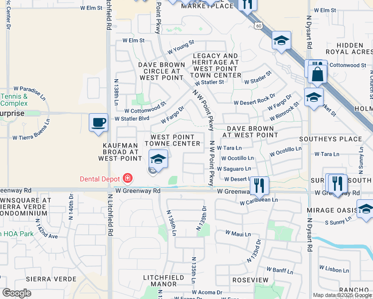 map of restaurants, bars, coffee shops, grocery stores, and more near 13603 West Tara Lane in Surprise