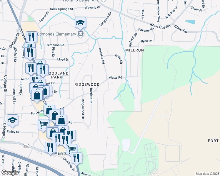 map of restaurants, bars, coffee shops, grocery stores, and more near 4699 Price Street in Forest Park