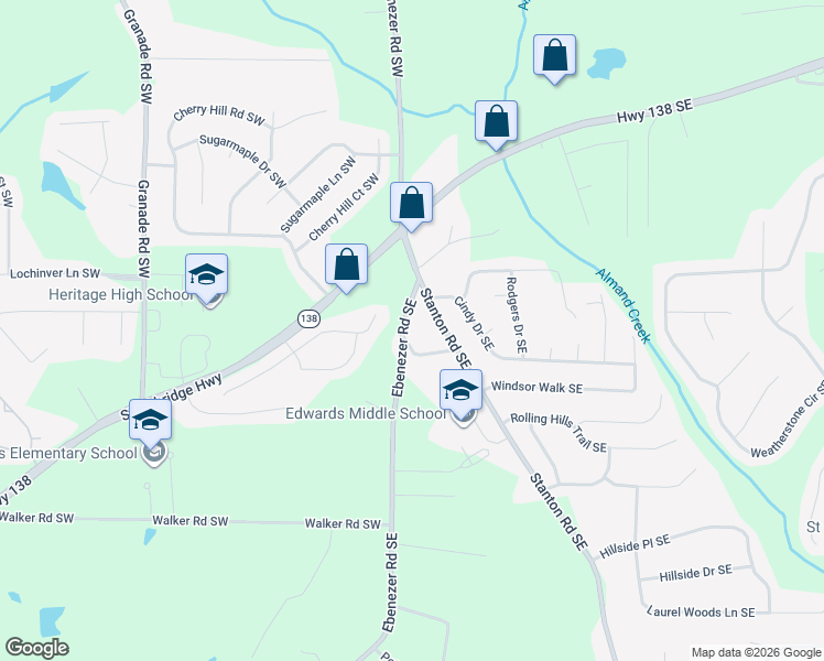 map of restaurants, bars, coffee shops, grocery stores, and more near 2370 Ebenezer Road Southwest in Conyers