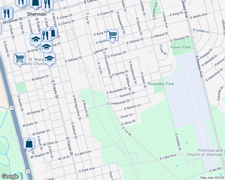 map of restaurants, bars, coffee shops, grocery stores, and more near 622 624 E Kentucky Street in Sherman