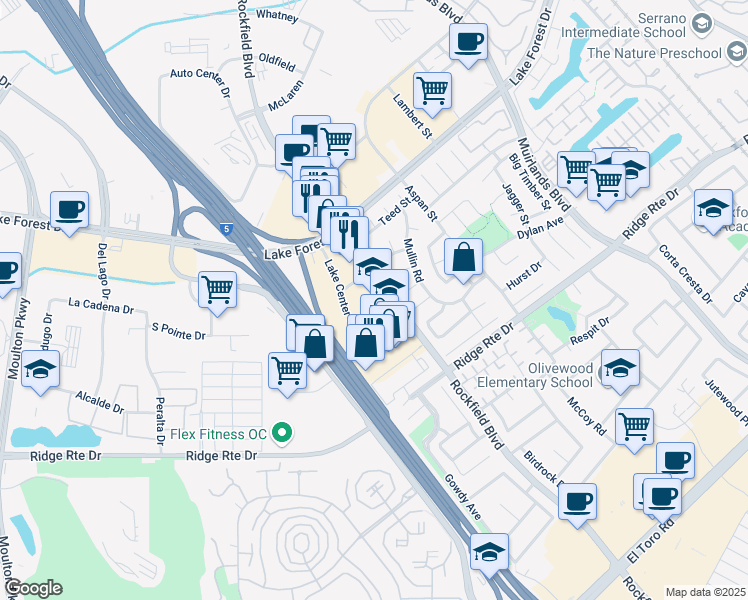 map of restaurants, bars, coffee shops, grocery stores, and more near 23792 Rockfield Boulevard in Lake Forest