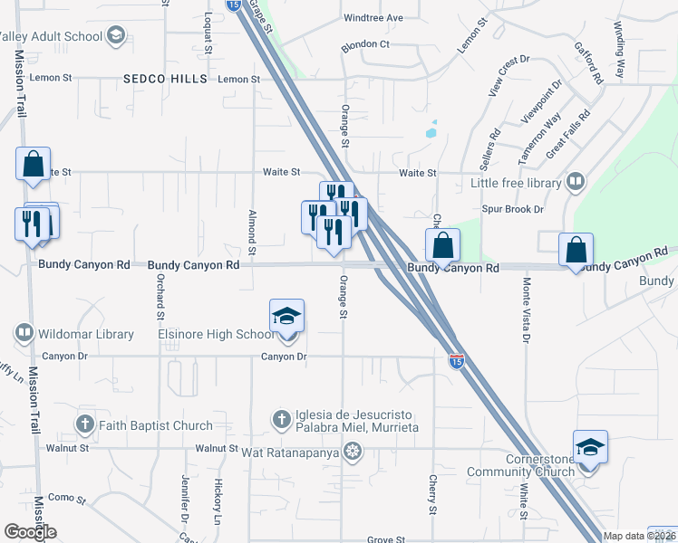 map of restaurants, bars, coffee shops, grocery stores, and more near 21960 Bundy Canyon Road in Wildomar