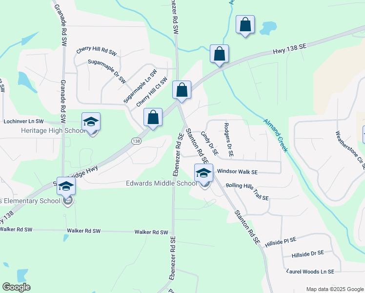map of restaurants, bars, coffee shops, grocery stores, and more near 2370 Ebenezer Road Southwest in Conyers