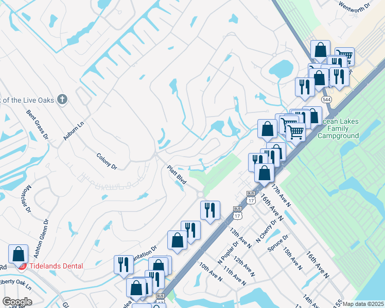 map of restaurants, bars, coffee shops, grocery stores, and more near 400 Deer Creek Road in Myrtle Beach