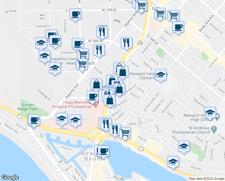 map of restaurants, bars, coffee shops, grocery stores, and more near 419 Old Newport Boulevard in Newport Beach