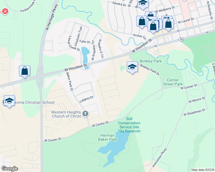 map of restaurants, bars, coffee shops, grocery stores, and more near 2310 West Houston Street in Sherman