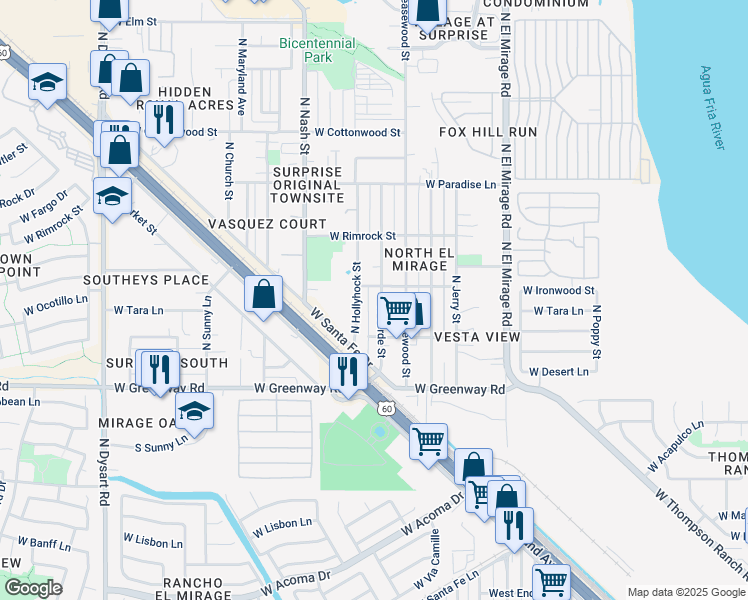 map of restaurants, bars, coffee shops, grocery stores, and more near 15640 North Verde Street in Surprise