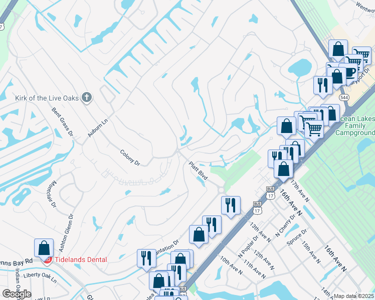 map of restaurants, bars, coffee shops, grocery stores, and more near 1565 Crooked Pine Drive in Myrtle Beach