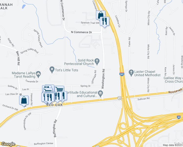 map of restaurants, bars, coffee shops, grocery stores, and more near 3215 Linden Garden Drive in Atlanta