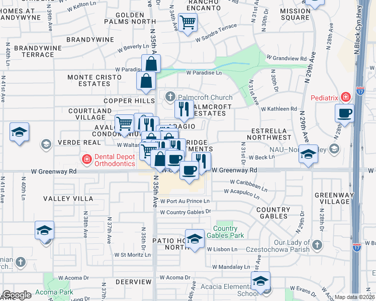 map of restaurants, bars, coffee shops, grocery stores, and more near 3330 West Greenway Road in Phoenix