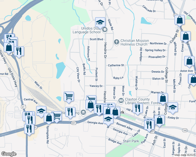 map of restaurants, bars, coffee shops, grocery stores, and more near 4694 Puckett Street in Forest Park
