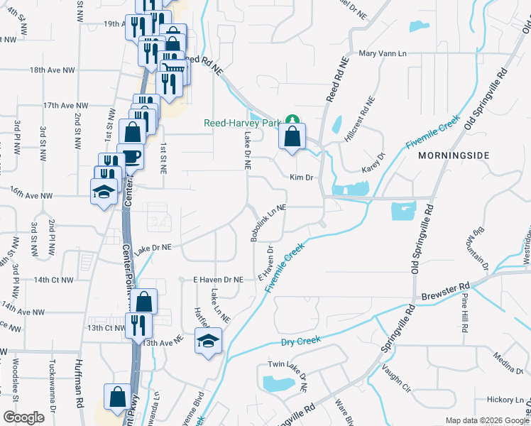 map of restaurants, bars, coffee shops, grocery stores, and more near 1628 Bobolink Lane Northeast in Center Point
