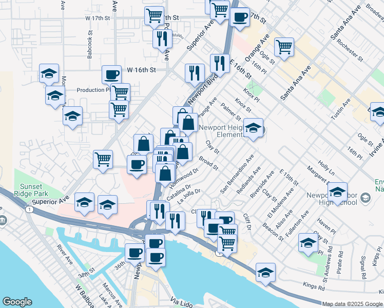 map of restaurants, bars, coffee shops, grocery stores, and more near 455 Westminster Avenue in Newport Beach