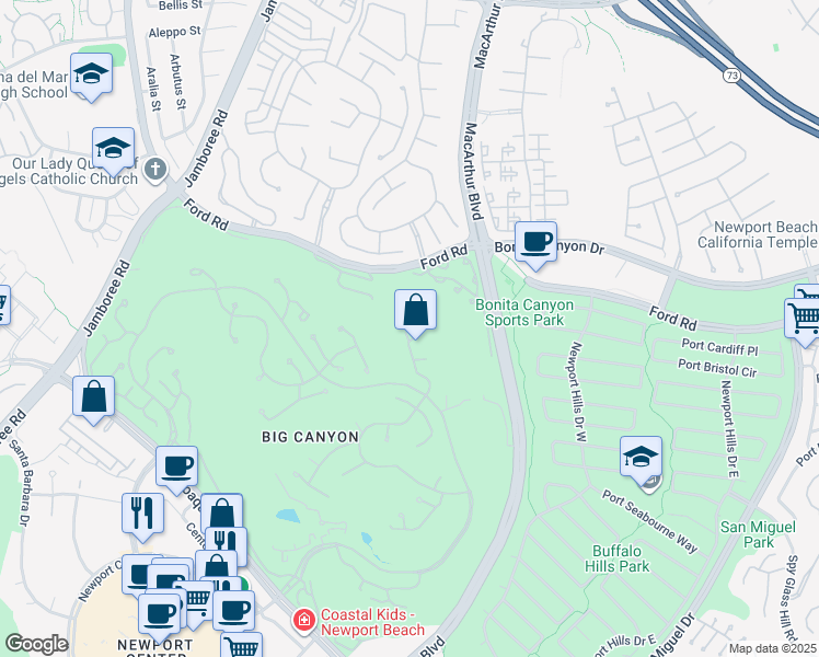 map of restaurants, bars, coffee shops, grocery stores, and more near 1 Royal Saint George Road in Newport Beach