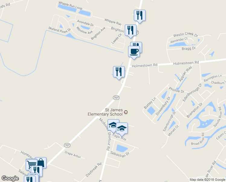 map of restaurants, bars, coffee shops, grocery stores, and more near 9850 South Carolina 707 in Myrtle Beach