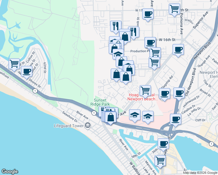 map of restaurants, bars, coffee shops, grocery stores, and more near 11 Baruna Court in Newport Beach