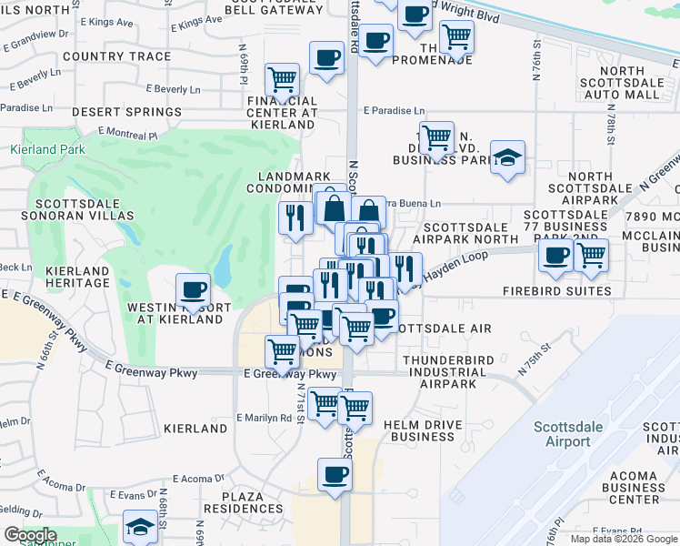 map of restaurants, bars, coffee shops, grocery stores, and more near 15444 North Scottsdale Road in Scottsdale