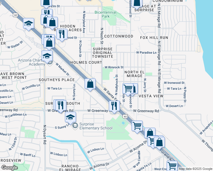 map of restaurants, bars, coffee shops, grocery stores, and more near 15639 North Nash Street in Surprise