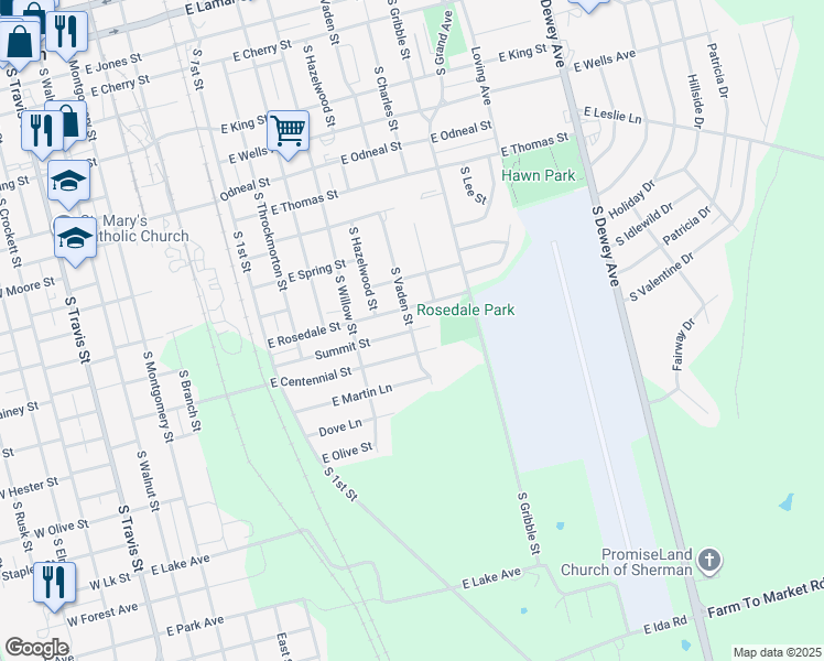 map of restaurants, bars, coffee shops, grocery stores, and more near 1010 East Rosedale Street in Sherman
