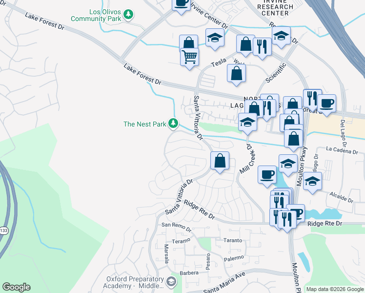 map of restaurants, bars, coffee shops, grocery stores, and more near 22271 Caminito Arroyo Seco in Laguna Hills