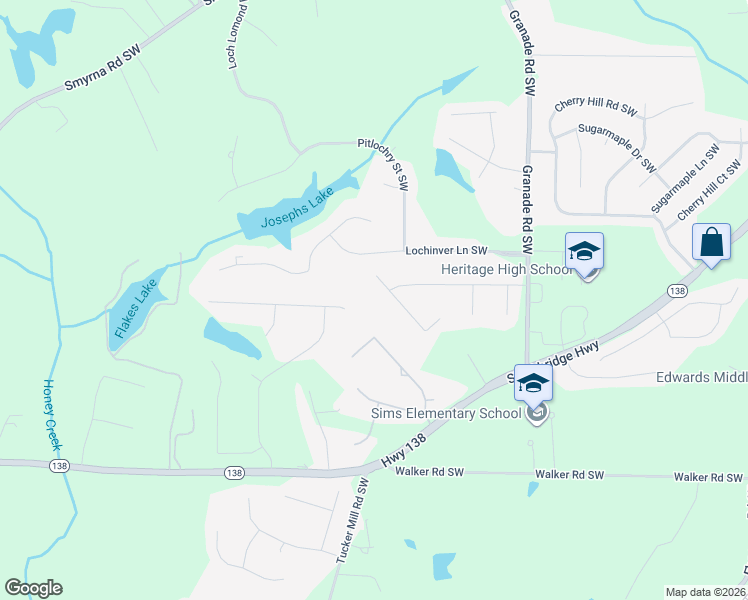 map of restaurants, bars, coffee shops, grocery stores, and more near 2207 Heritage Crossing Southwest in Conyers
