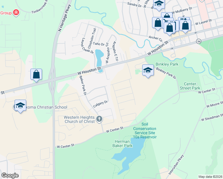 map of restaurants, bars, coffee shops, grocery stores, and more near 2310 West Houston Street in Sherman