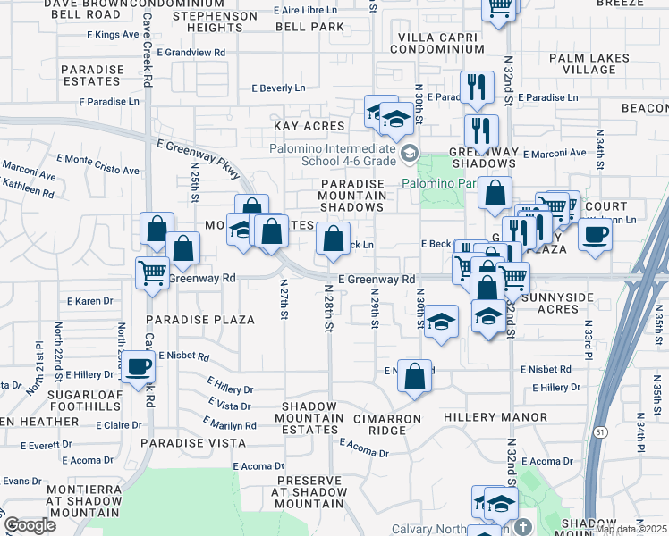 map of restaurants, bars, coffee shops, grocery stores, and more near 2822 East Greenway Road in Phoenix