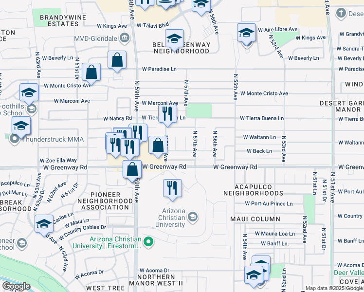 map of restaurants, bars, coffee shops, grocery stores, and more near 15617 North 57th Lane in Glendale