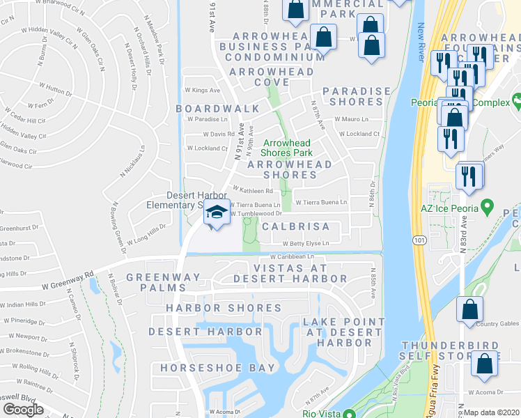 map of restaurants, bars, coffee shops, grocery stores, and more near 8928 West Tierra Buena Lane in Peoria