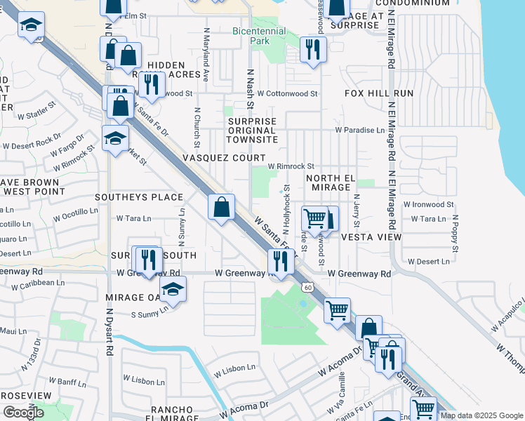 map of restaurants, bars, coffee shops, grocery stores, and more near 15660 North Hollyhock Street in Surprise