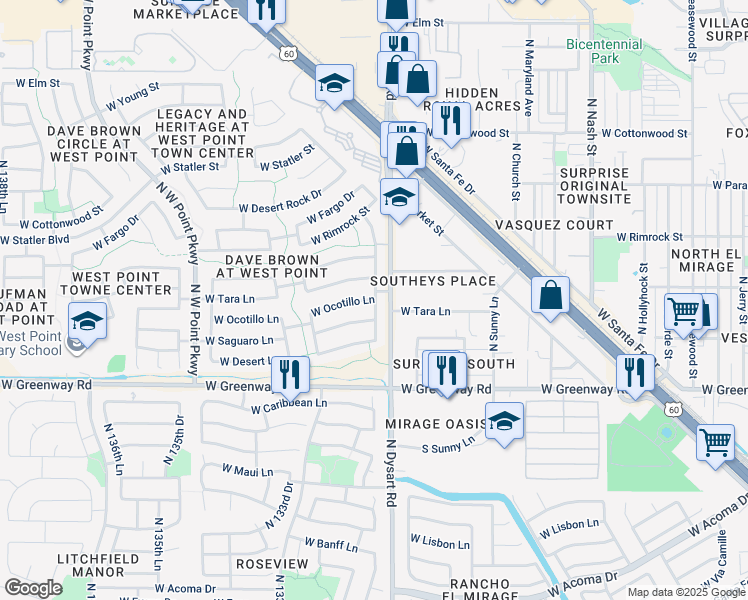 map of restaurants, bars, coffee shops, grocery stores, and more near 15753 North Gil Balcome in Surprise