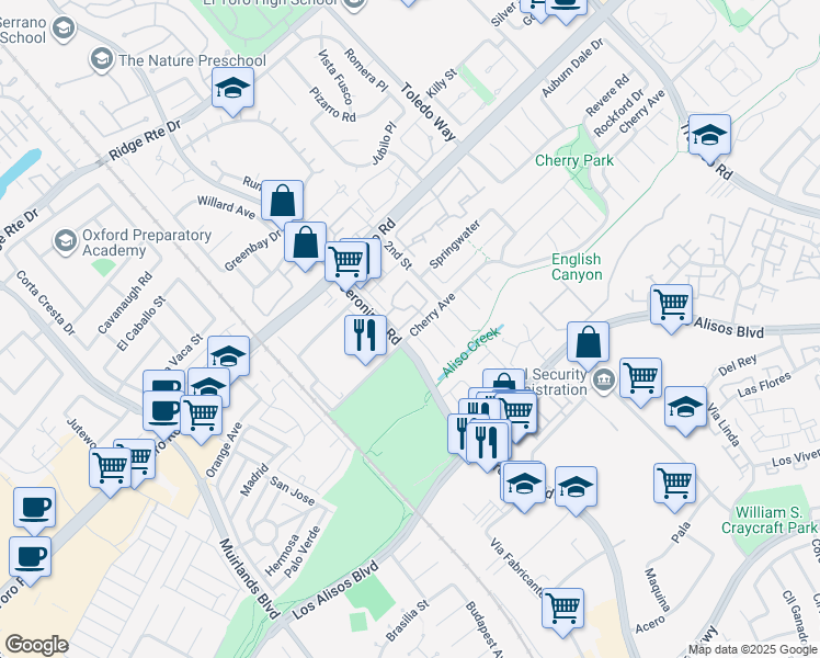 map of restaurants, bars, coffee shops, grocery stores, and more near 25402 Mina Court in Lake Forest