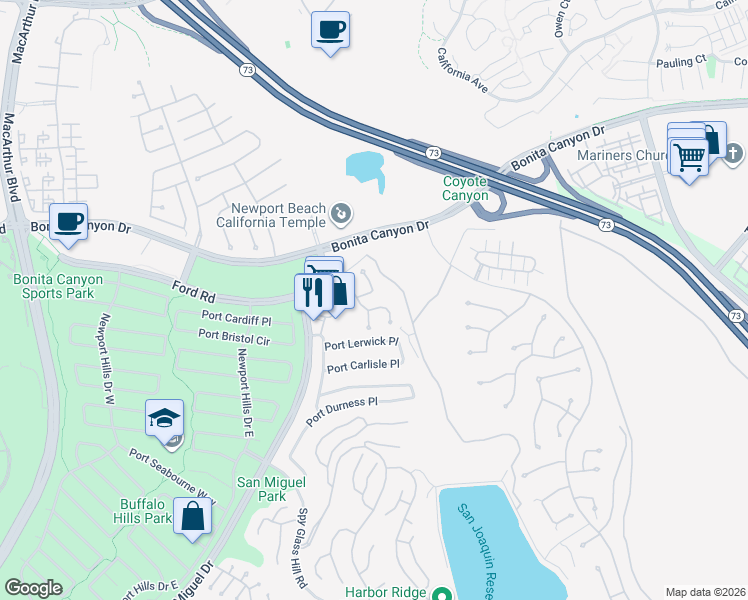 map of restaurants, bars, coffee shops, grocery stores, and more near 2748 Hillview Drive in Newport Beach