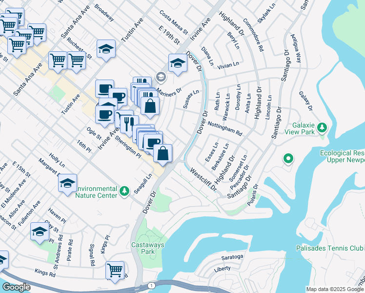 map of restaurants, bars, coffee shops, grocery stores, and more near 1500 Cornwall Lane in Newport Beach