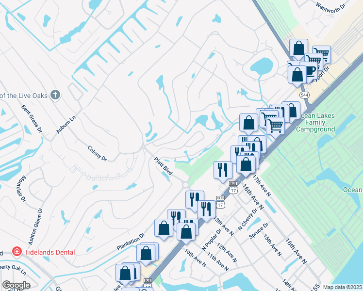 map of restaurants, bars, coffee shops, grocery stores, and more near 100 Deer Creek Road in Surfside Beach