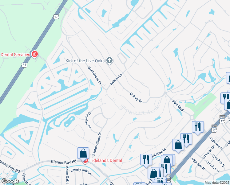 map of restaurants, bars, coffee shops, grocery stores, and more near 13 Colony Drive in Myrtle Beach