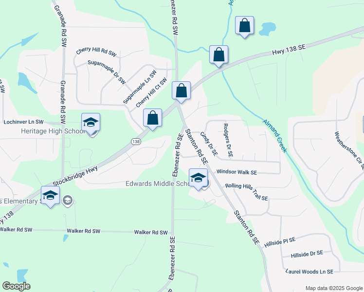 map of restaurants, bars, coffee shops, grocery stores, and more near 2370 Ebenezer Road Southwest in Conyers