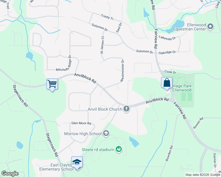 map of restaurants, bars, coffee shops, grocery stores, and more near 4650 Westminster Drive in Ellenwood