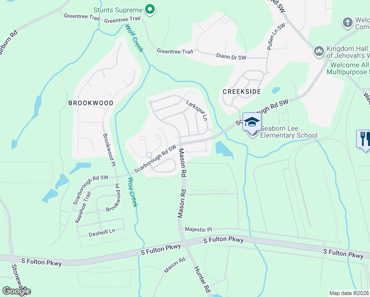 map of restaurants, bars, coffee shops, grocery stores, and more near 4750 Scarborough Road Southwest in Atlanta