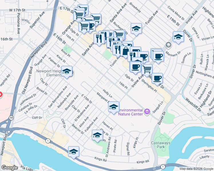 map of restaurants, bars, coffee shops, grocery stores, and more near 2421 East 16th Street in Newport Beach