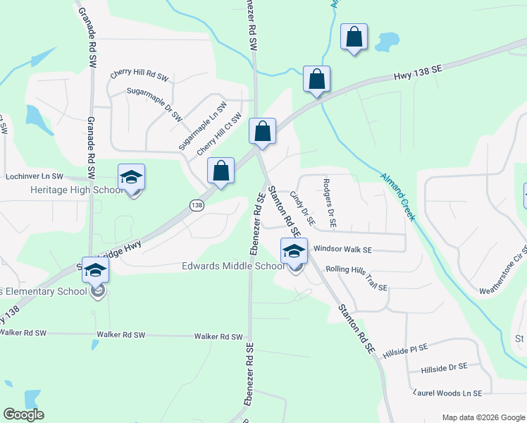 map of restaurants, bars, coffee shops, grocery stores, and more near 2370 Ebenezer Road Southwest in Conyers