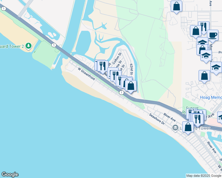 map of restaurants, bars, coffee shops, grocery stores, and more near 5626 Seashore Drive in Newport Beach