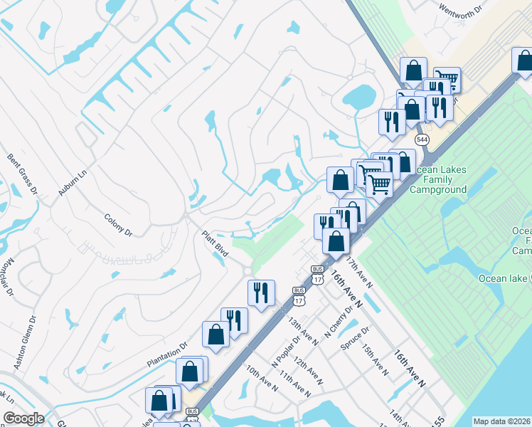 map of restaurants, bars, coffee shops, grocery stores, and more near 1600 Deer Creek Road in Myrtle Beach