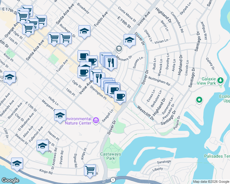 map of restaurants, bars, coffee shops, grocery stores, and more near 1722 Westcliff Drive in Newport Beach