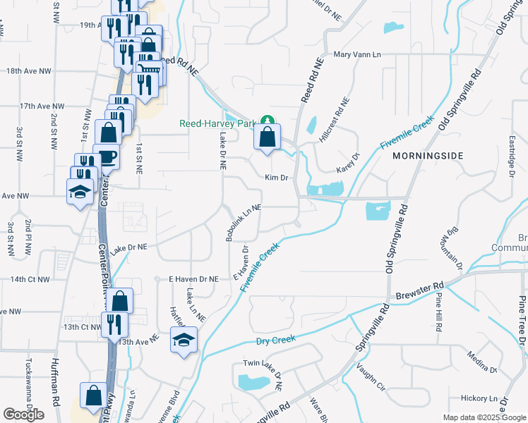 map of restaurants, bars, coffee shops, grocery stores, and more near 349 Argonne Drive Northeast in Center Point