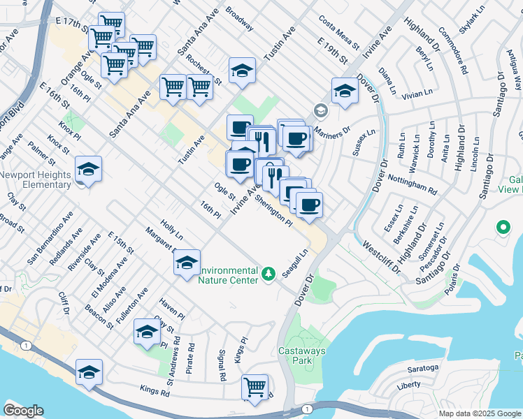 map of restaurants, bars, coffee shops, grocery stores, and more near 1965 Sherington Place in Newport Beach